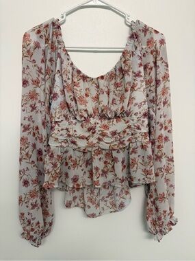 Floral Ruched Peplum Blouse - Dusty Rose on Ivory